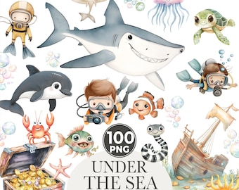 Watercolor Under the Sea Clipart: Ocean Animals (100 PNG)