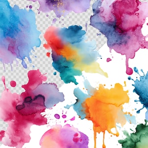Watercolor splash illustration featuring vibrant, abstract splashes of color in shades of blue, pink, and yellow. Perfect for creative designs, digital art projects, or adding a bold, artistic touch to invitations, posters, and stationery.