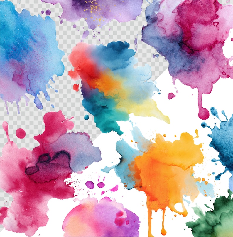 Watercolor splash illustration featuring vibrant, abstract splashes of color in shades of blue, pink, and yellow. Perfect for creative designs, digital art projects, or adding a bold, artistic touch to invitations, posters, and stationery.