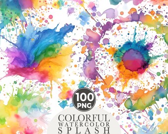 Imágenes prediseñadas de salpicaduras de acuarela: 100 salpicaduras de pintura PNG (uso comercial, descarga instantánea)