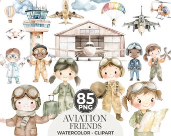 Puede incluir: Conjunto de imágenes prediseñadas de acuarela con temática de aviación. Incluye aviones, una torre de control, un hangar, un arcoíris, nubes, un sol y pilotos de dibujos animados. El texto "AVIATION FRIENDS" se muestra con "85 PNG" debajo.