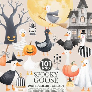 Watercolor Halloween Goose Clipart Set, Cute Spooky Geese PNG, Halloween Animals Clipart, Silly Goose Clipart, Whimsical Baby Shower Digital