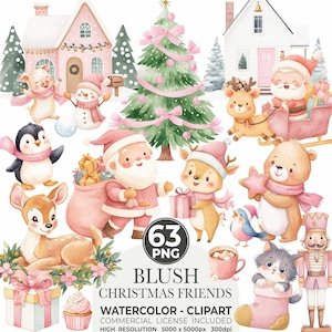 May include: A watercolour illustration of Christmas-themed characters and elements in a blush colour palette. Santa Claus, reindeer, a bear, and other animals are featured. The image includes a Christmas tree, houses, and gift boxes.