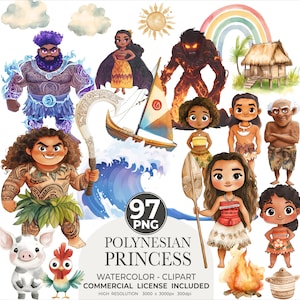 Imágenes prediseñadas de Moana, princesa polinesia, Maui, imágenes hawaianas, cumpleaños de Moana, imágenes prediseñadas de princesa, guardería, arte infantil, uso comercial