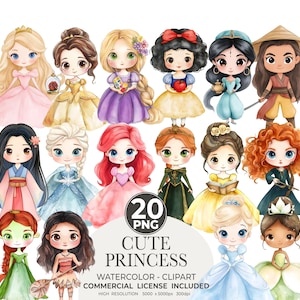 Alle Prinzessin PNG Clipart Süßes Chibi Bundle - Perfekt für Prinzessinnen Aufbügler oder Baby Shower Decor und DIY Party Printables