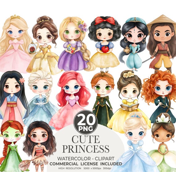 All Princess PNG Clipart Cute Chibi Bundle - Perfect for Princess Iron On or Baby Shower Decor and DIY Party Printables