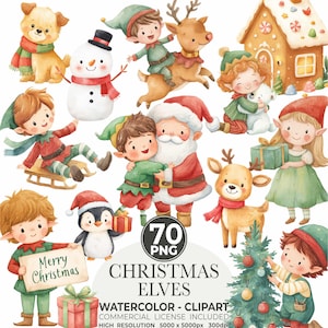 May include: Watercolor clipart set featuring Christmas elves, Santa Claus, reindeer, and a snowman. The image includes the text "Merry Christmas" and "Christmas Elves". The set includes 70 PNG files with a commercial license.