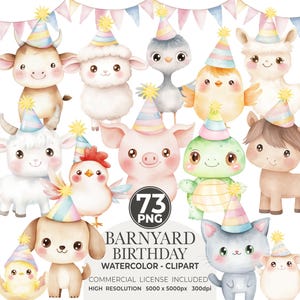 Clipart de aniversário de animais de fazenda em aquarela: 73 PNG (download digital)
