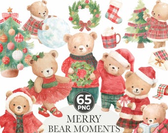 Watercolor Christmas Teddy Bears Clipart, Cute Holiday Bear PNG, Tartan Christmas Clipart, Christmas clipart, Winter Bear PNG Download