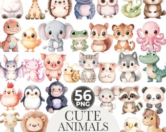 Watercolor Animal Clipart Bundle, 56 Cute PNG Illustrations (Digital Download)
