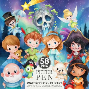 Może przedstawiać: Zestaw clipartów akwarelowych z postaciami z Piotrusia Pana, w tym Piotrusiem Panem, Dzwoneczkiem, Kapitanem Hakiem i innymi. Obraz zawiera tekst "PETER PEN" i "WATERCOLOR - CLIPART COMMERCIAL LICENSE INCLUDED".