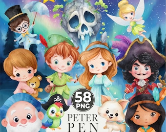 Peter Pan Watercolor Clipart Bundle | Fairy PNGs | Cute Fantasy Characters, Tinkerbell & Magical Forest Art, For Birthday or any party decor