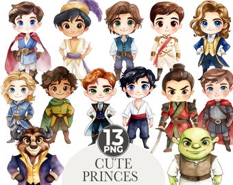 May include: Watercolor clipart featuring 13 cute princes in various outfits. The princes have different skin tones, hair colors, and facial expressions. The image includes text that reads "CUTE PRINCES" and "WATERCOLOR - CLIPART".