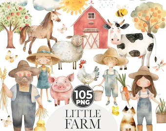 Watercolor Farm Animals Clipart – Nursery Art, 105 PNG (Digital Download)