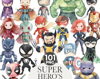 Watercolor Superheroes Clipart Mega Pack: 101 PNG Characters (Commercial Use)