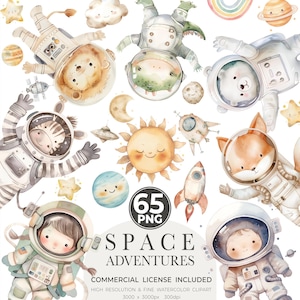 Bundle de cliparts espace - aquarelles astronautes, navette spatiale PNG, décorations de fête d'anniversaire espace mignon, art numérique scientifique, fusée PNG