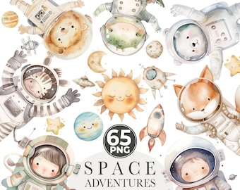 May include: A set of 65 watercolor illustrations featuring adorable animals dressed as astronauts in space. The illustrations include a lion, zebra, fox, bear, dinosaur, and two children. The set also includes planets, stars, a rocket, and the sun.