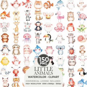 Clipart di animali carini ad acquerello 150 PNG di animali carini Animali ad acquerello Pacchetto di animali carini Cuccioli di animali stampabili Pacchetto di clipart di animali