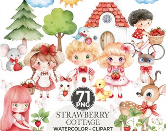 Clipart di fragole ad acquerello: Clipart di grafica Cottagecore PNG, adesivi digitali