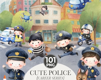 Police Station Clipart Bundle, Police Kids Clip Art, Police Vehicles, Cute Police Officer, Cop PNG, Birthday Party Decor, Digital Download
