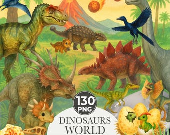 Watercolor Dinosaur Clipart: 130 PNG Nursery Graphics (Digital Download)