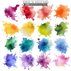 Watercolor splash illustration featuring vibrant, abstract splashes of color in shades of blue, pink, and yellow. Perfect for creative designs, digital art projects, or adding a bold, artistic touch to invitations, posters, and stationery.