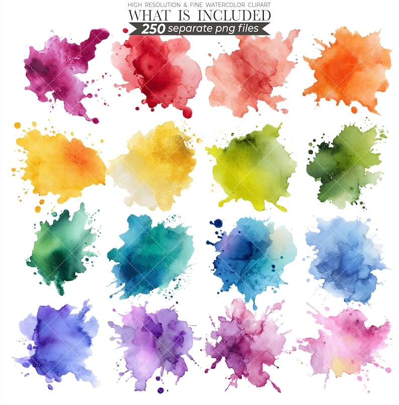Watercolor splash illustration featuring vibrant, abstract splashes of color in shades of blue, pink, and yellow. Perfect for creative designs, digital art projects, or adding a bold, artistic touch to invitations, posters, and stationery.