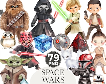 Puede incluir: Clipart de acuarela con varios personajes del universo Space Wars. La imagen incluye personajes como Chewbacca, Yoda, Darth Maul y otros, junto con el texto "SPACE WARS" y "79 PNG".