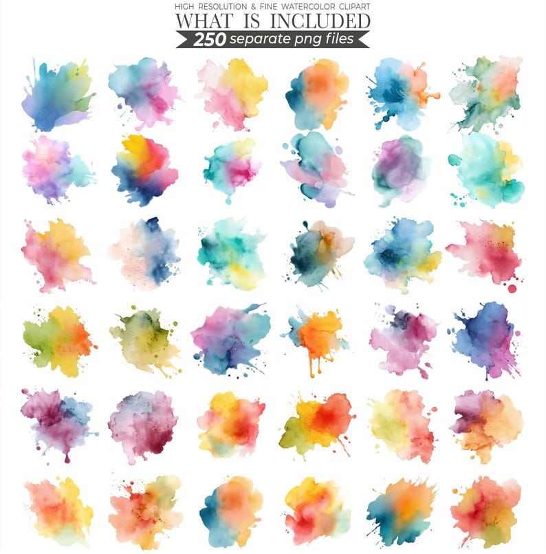 Watercolor splash illustration featuring vibrant, abstract splashes of color in shades of blue, pink, and yellow. Perfect for creative designs, digital art projects, or adding a bold, artistic touch to invitations, posters, and stationery.