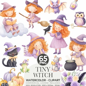 Peut inclure: Ensemble de cliparts aquarelle avec de petites sorcières, des citrouilles, un chat noir, un hibou, une chauve-souris et une souris. Les sorcières portent des robes et des chapeaux violets. Le texte "TINY WITCH WATERCOLOR - CLIPART" est inclus.