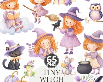 Cute Witch Clipart PNG – Pastel Halloween Watercolor, Whimsical Magic, Witchcraft Spells, Spooky Season, Commercial Use Sublimation
