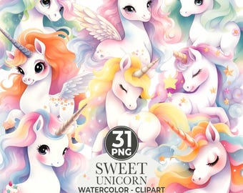 Pastell Einhorn Clipart Set: Aquarell PNG Bilder (kommerzielle Nutzung, digitaler Download)