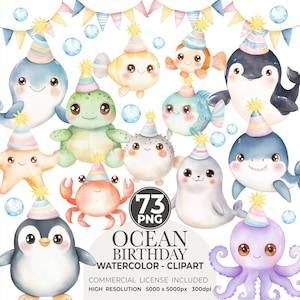 Niedliche Ozean Geburtstag Clipart, glückliche Meerestiere, PNG Aquarell Clipart, Geburtstag Clipart, kommerzielle Nutzung