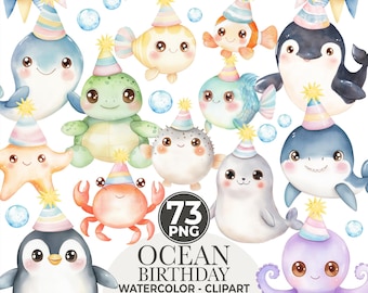Ocean Birthday Clipart: Watercolor Sea Animals PNG (Commercial Use)