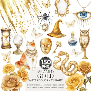 150 Clipart or sorcier, sorcier mignon Clipart, clipart sorcière mignon, anniversaire Clipart - Clipart enfants, clipart chambre d'enfant, sorcier école PNG