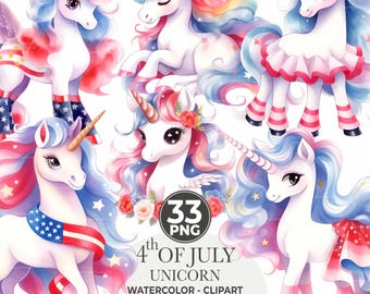 May include: Watercolor clipart featuring multiple unicorns with patriotic red, white, and blue color schemes. The unicorns have flowing manes and tails, adorned with stars and stripes, and are decorated with flowers. The image includes the text "4th of July Unicorn".