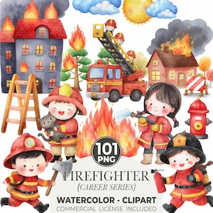 Puede incluir: Conjunto de imágenes prediseñadas de acuarela con bomberos, camiones de bomberos y edificios en llamas. Incluye un bombero con un hacha, un bombero con un gato y un bombero con un extintor. El texto dice "Firefighter (Career Series) Watercolor - Clipart".