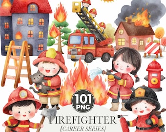 Cute Firefighters Clipart, Watercolor Emergency Vehicles Clipart, Fire Truck Clipart, Fire Department Png Bundle, First Responder Clipart