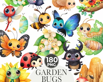 May include: Watercolor clipart featuring various garden bugs, including a ladybug, butterfly, bee, and caterpillar. The image includes the text "GARDEN BUGS" and "WATERCOLOR - CLIPART". The image is high resolution.