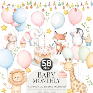 Clip arts mensais para bebês, clipart de aniversário, artes de crescimento mensal, pacote de clipart de berçário para presente de chá de bebê, animal com balões png