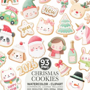 May include: A collection of watercolour Christmas cookies in diverse shapes, such as a car, elf, cat, star, panda, dog, Santa, girl, champagne bottle, bunny, bell, and snowman. The cookies are decorated with festive designs and the text "2026", "New", and "Happy Year".