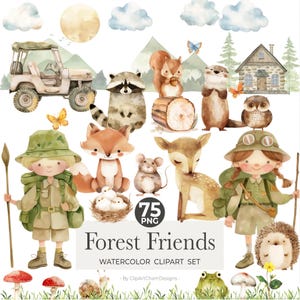 Clipart chambre d'enfant animaux de la forêt - Clipart aquarelle - Clipart animaux - animaux de la forêt - Clipart écureuil - Boho animaux de la forêt - forêt