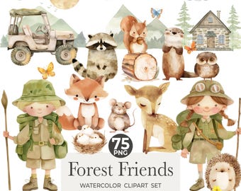 Imágenes prediseñadas de animales del bosque en acuarela: 75 diseños PNG para guarderías (descarga digital)