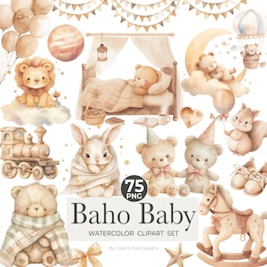 Boho Baby Aquarell Clipart, Kinderzimmer Tier Clip Art, Neugeborene Boho Kid Doodle, Babyparty PNG, Mondkind, süßes Tier, Sublimationsdesign