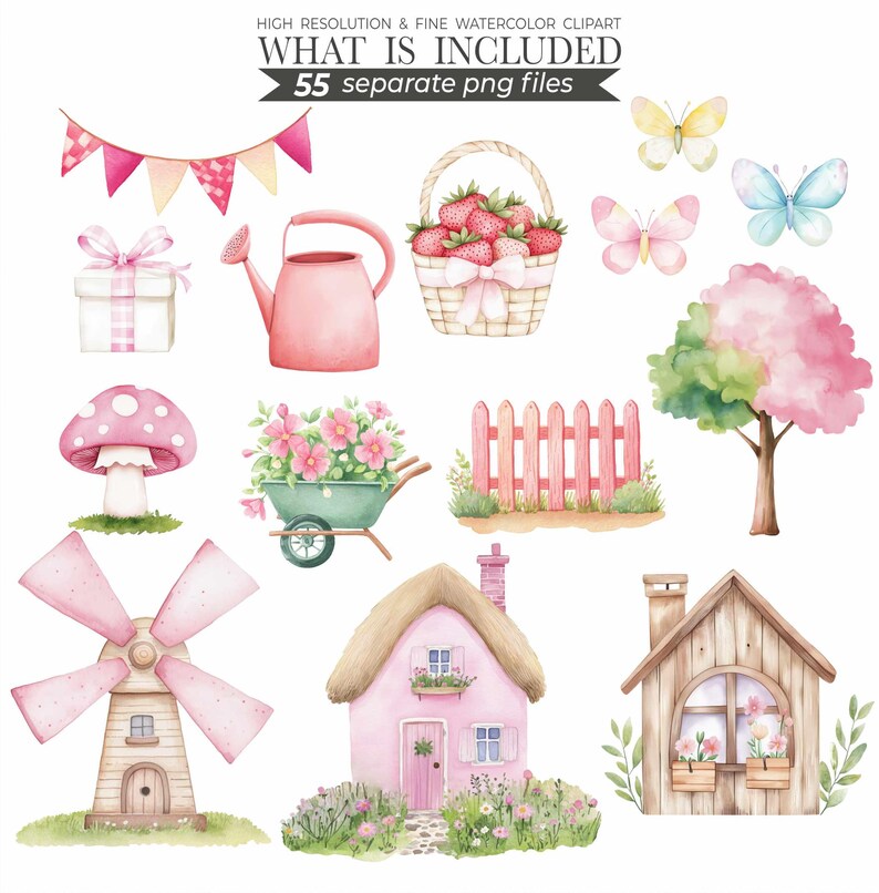 Watercolor Farm Clipart Set: Pink Barn, Animals (110 PNG Files ...