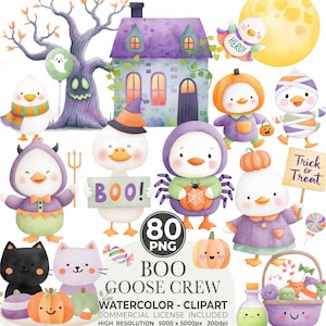 Watercolor Halloween Goose Clipart Set, Cute Spooky Geese PNG, Halloween Animals Clipart, Silly Goose Clipart, Whimsical Baby Shower Digital