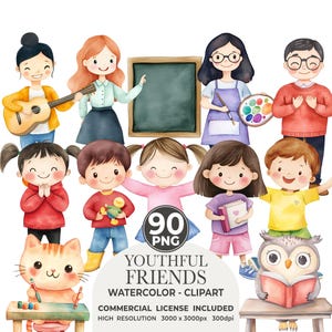 Süßes Kindergarten Aquarell Clipart Set - Aktivitäten Clipart für Lehrer, jugendliche Schule Kunst, Freunde Gruppe Clipart, kommerzielle Lizenz