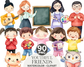 Watercolor Kindergarten Clipart Set: School Kids, Teachers, Commercial Use