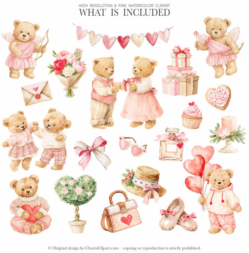 Pastel Valentine Teddy Bears Clipart, Cute Watercolor Love Bear PNG ...