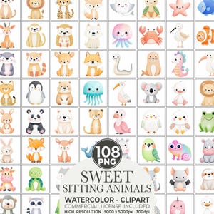 Aquarell Baby-Tiere Clipart Bundle sitzende Tiere: Kinderzimmer PNG (digitaler Download)